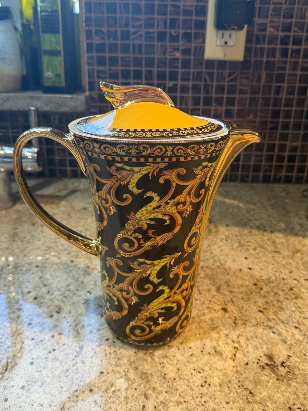 Versace Black and Gold Baroque Pitcher with Yellow Lid